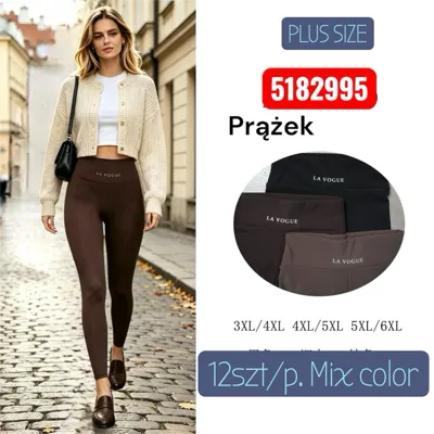 Modelka w brązowych prążkowanych legginsach plus size, opakowanie z 12 sztukami w różnych kolorach