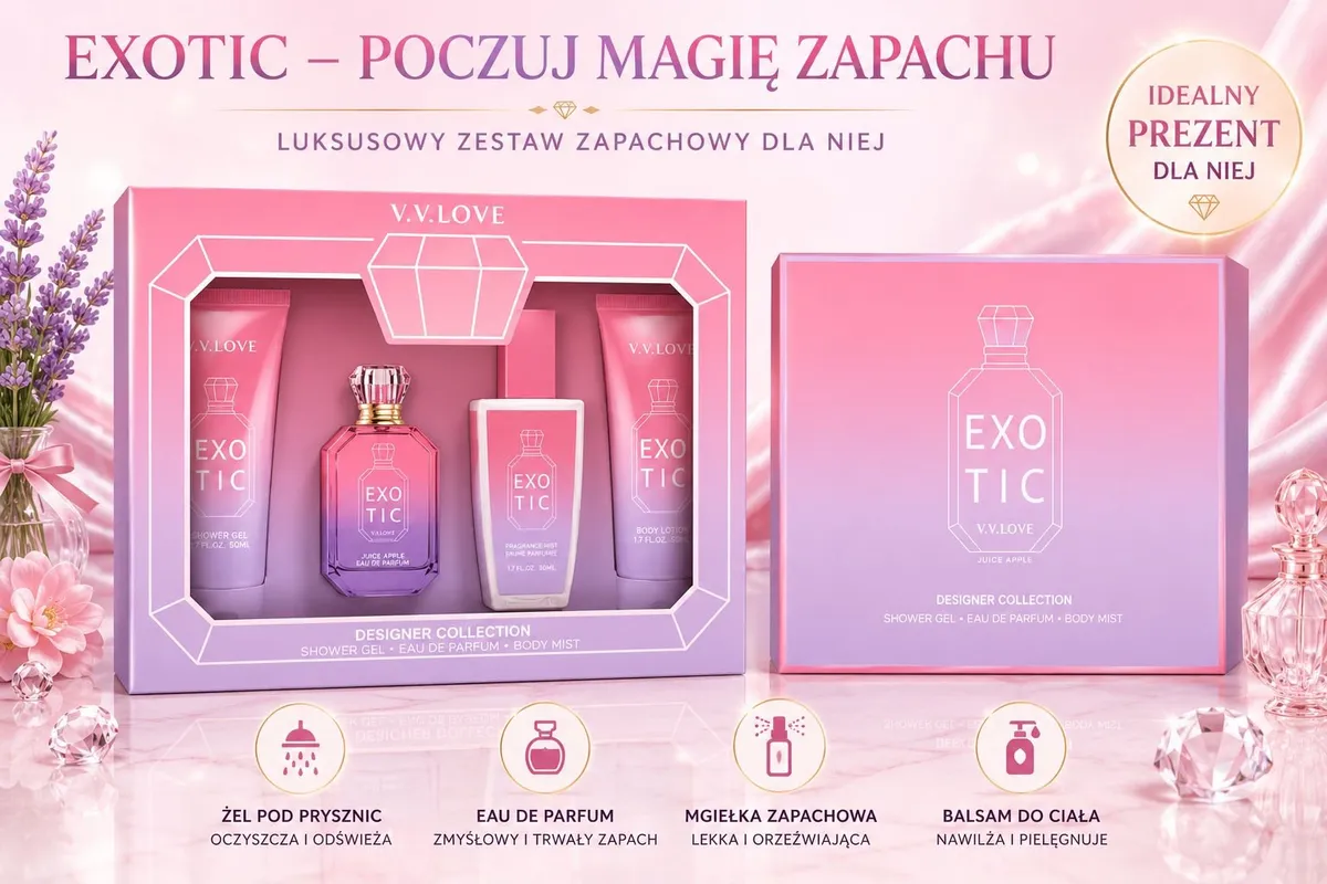 Zestaw kosmetyków Exotic Juice Apple w różowo-fioletowym opakowaniu z żelem, perfumami, mgiełką i balsamem