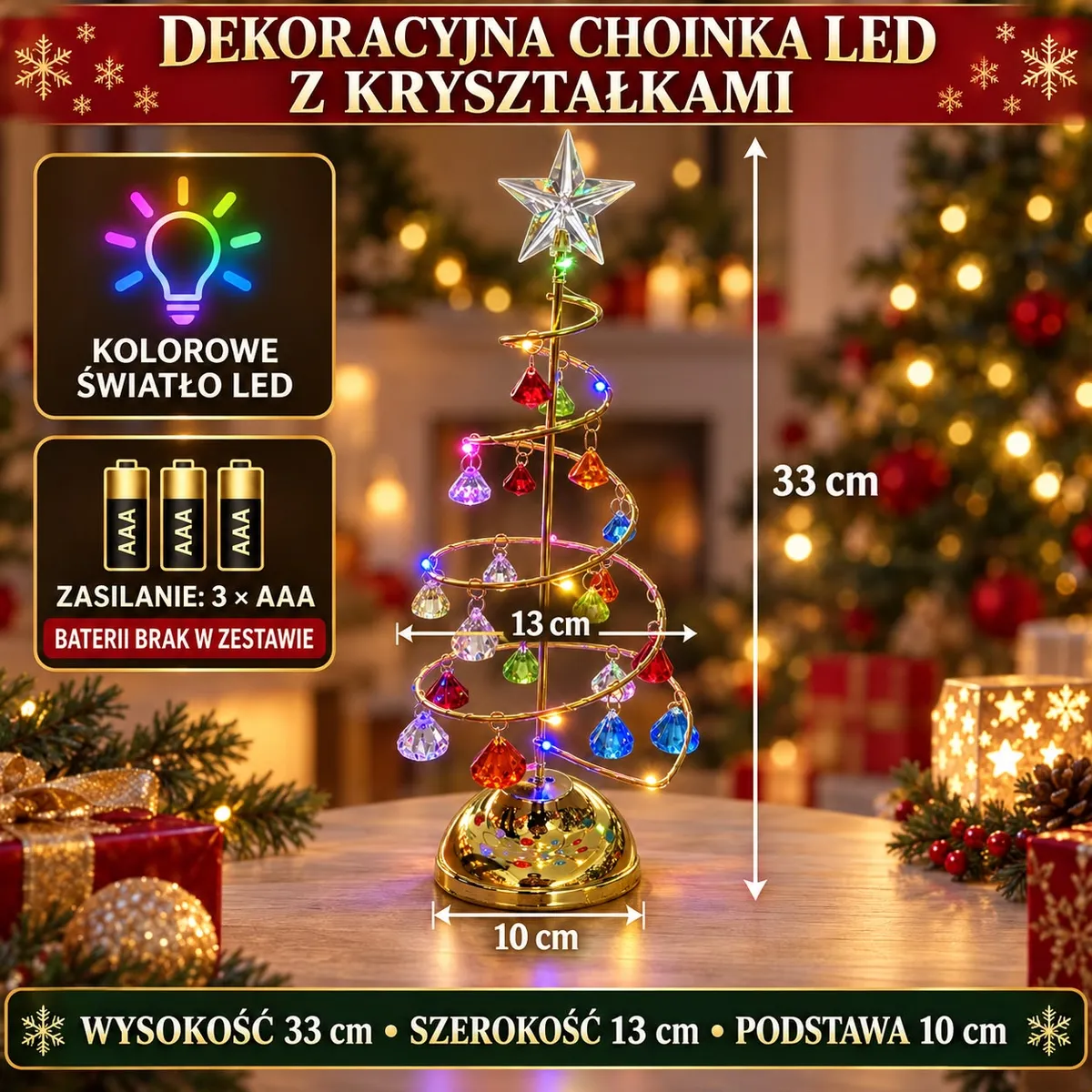 Złota dekoracyjna choinka LED 33 cm z kolorowymi kryształkami i gwiazdą na czubku
