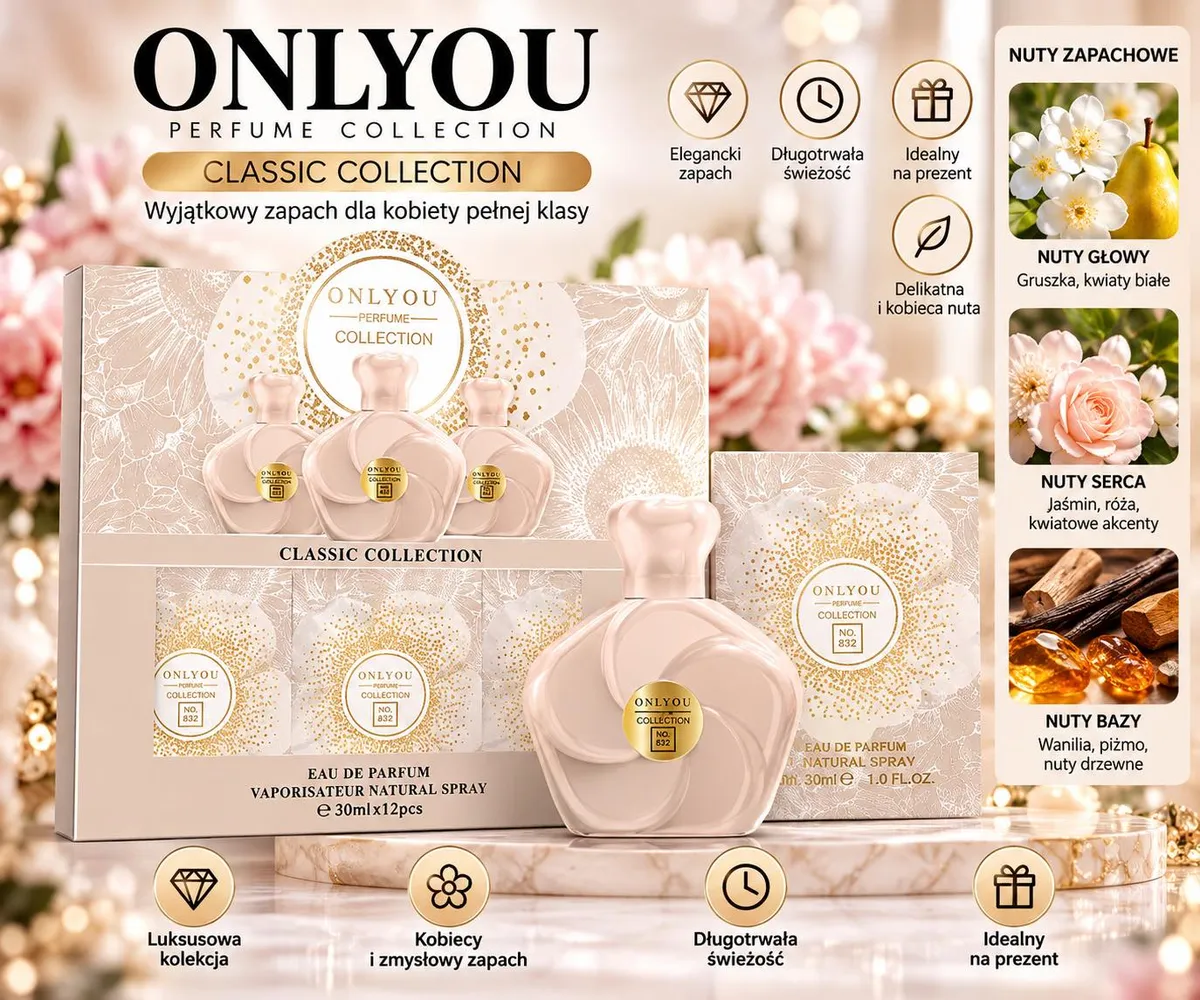 Perfumy OnlyYou Classic Collection 30ml w kremowo-różowym flakonie z złotą etykietą i opakowaniem