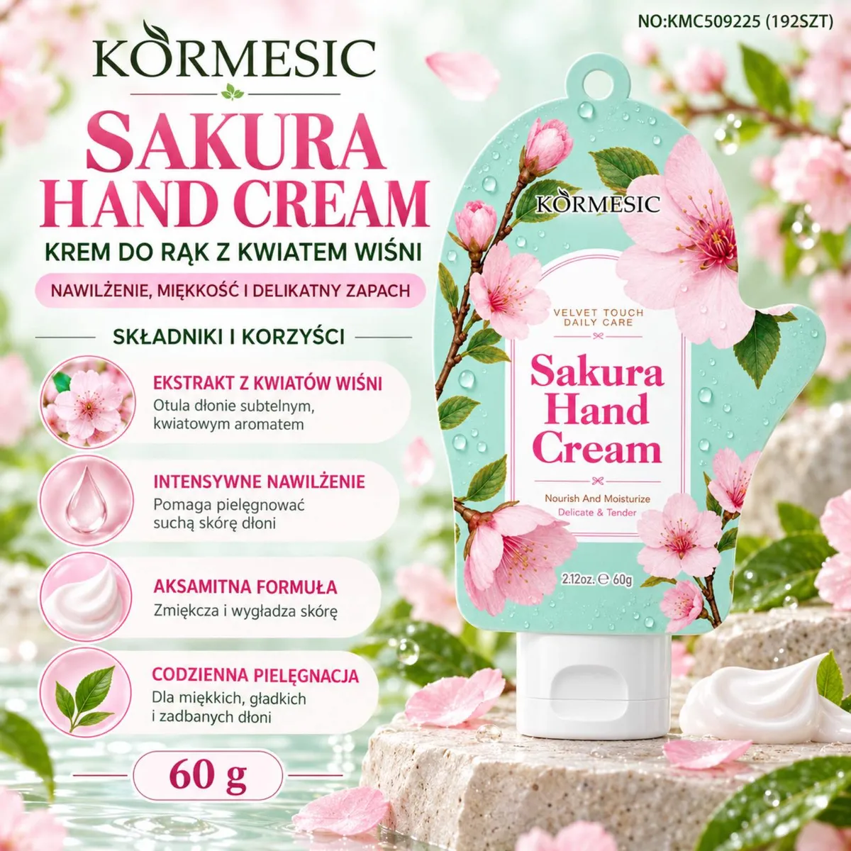 Krem do rąk Sakura w pastelowo miętowym opakowaniu z różowymi kwiatami wiśni