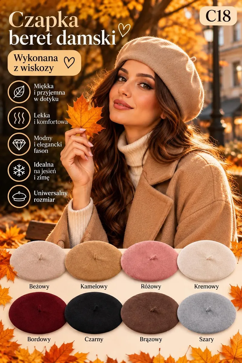 Damska czapka beret w kolorze beżowym na modelce, z pokazanymi ośmioma kolorami beretów