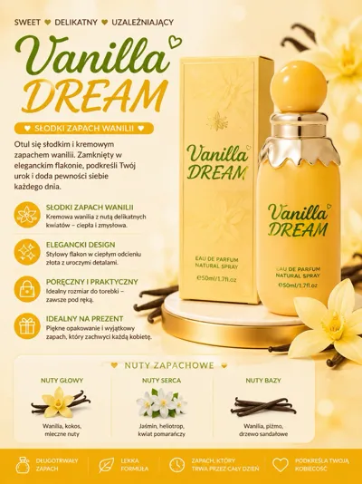 Flakon perfum Vanilla DREAM 50 ml w złocistym opakowaniu z kwiatami wanilii i pomarańczy