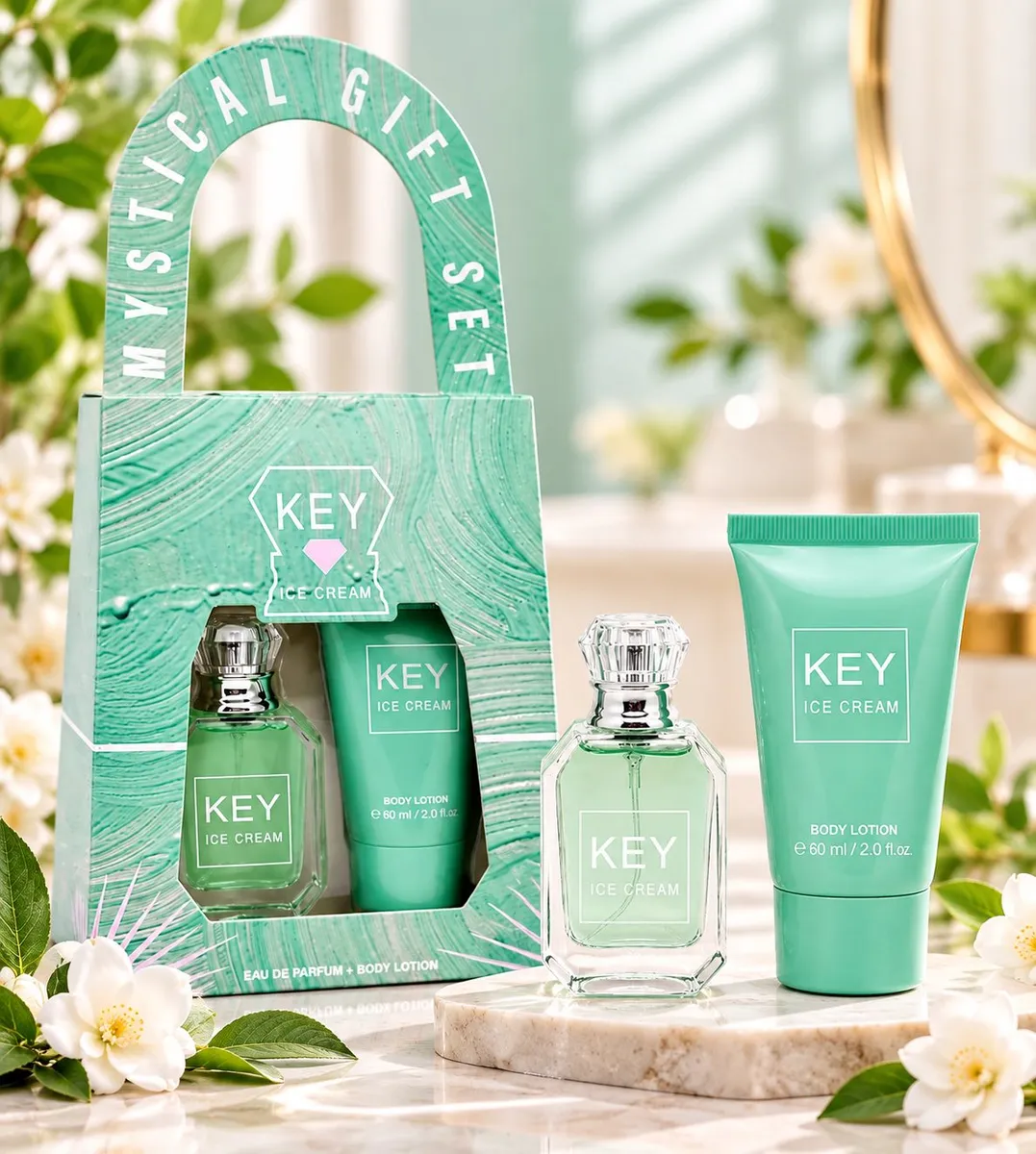 Zielony zestaw prezentowy perfumy 30ml i balsam do ciała 60ml w kartonowym opakowaniu z uchwytem