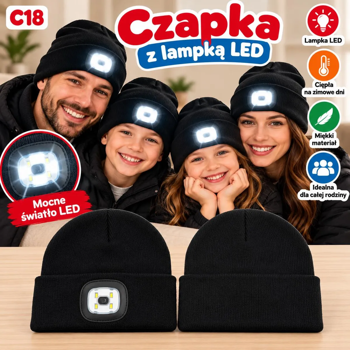 Czarna czapka zimowa z wbudowaną lampką LED na czole, prezentowana na rodzinie i osobno