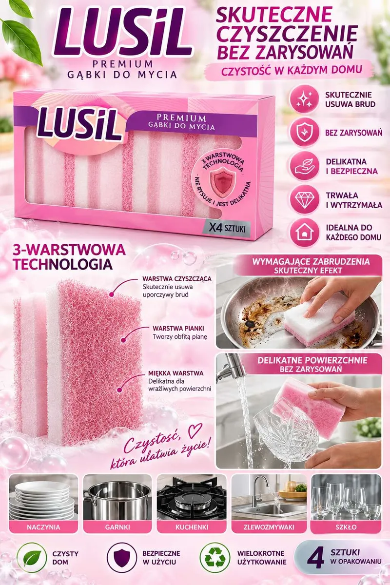 Opakowanie różowych gąbek do mycia LUSIL Premium 4 sztuki z opisem 3-warstwowej technologii i zastosowań