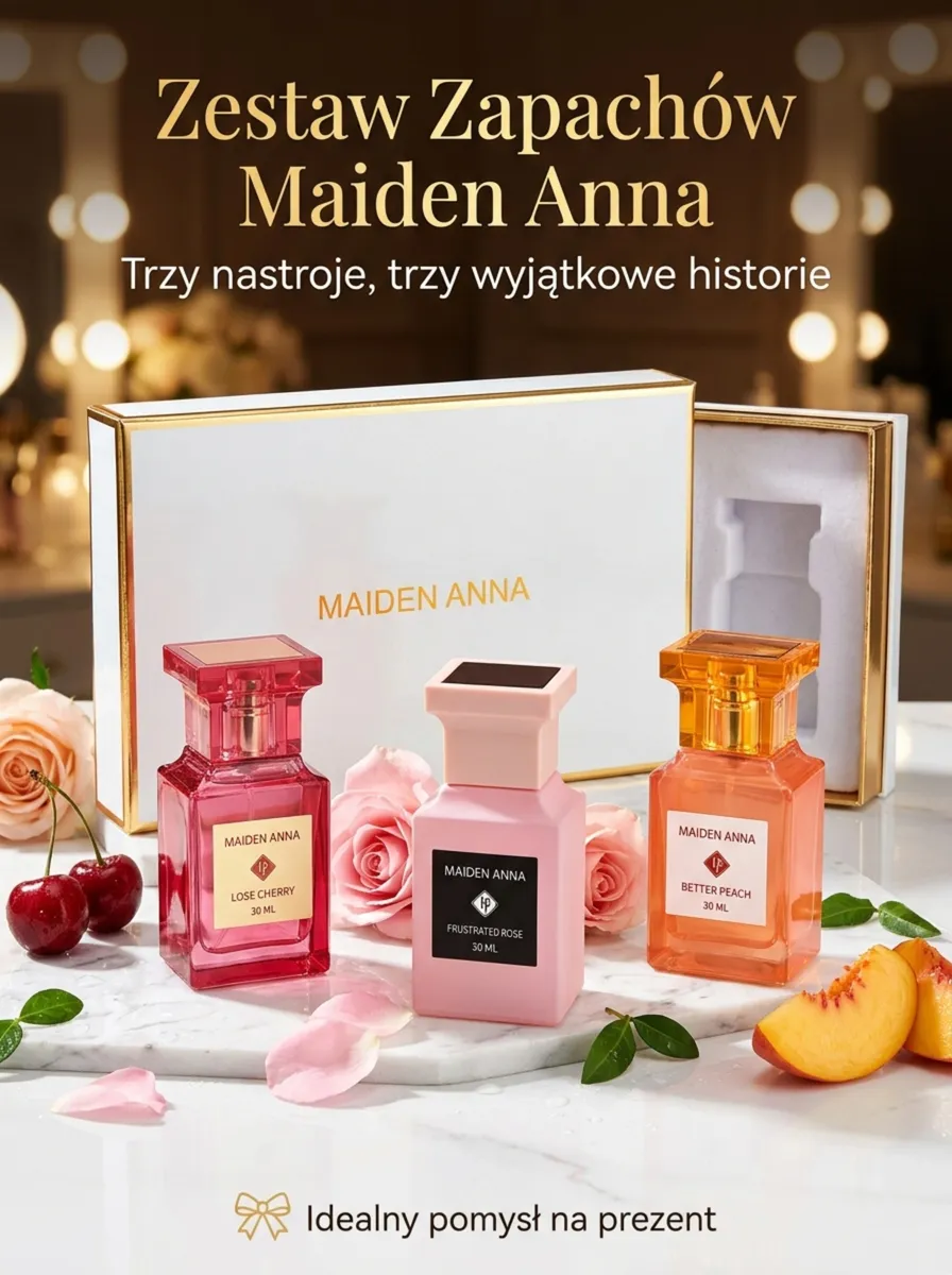 Zestaw trzech perfum Maiden Anna w kolorowych flakonach 30 ml na marmurowym blacie z różami i owocami