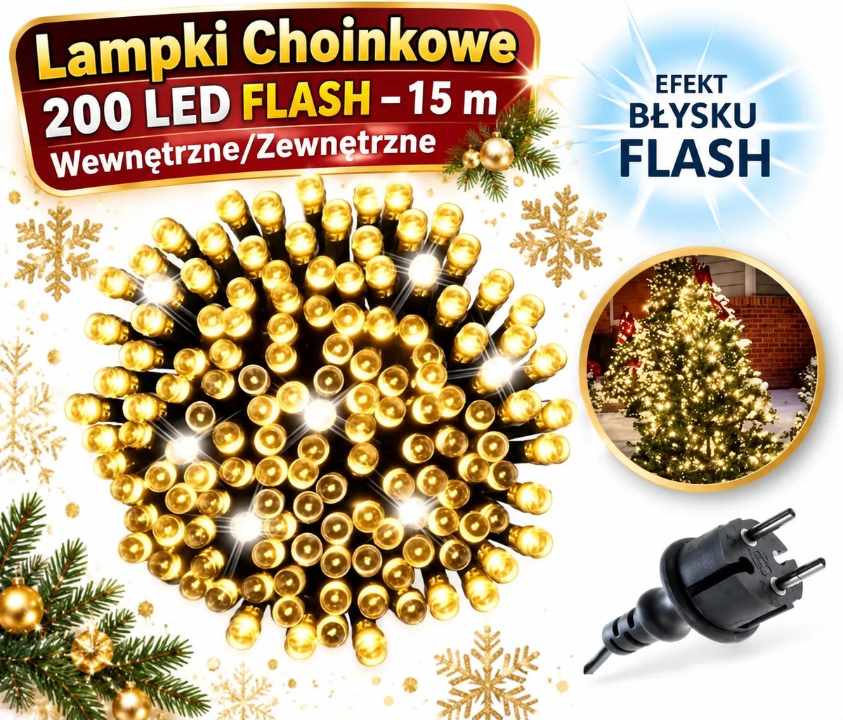 Lampki choinkowe 200 LED w kolorze ciepłej żółci z efektem błysku i wtyczką sieciową