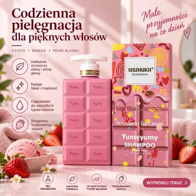 Różowy szampon Yumyumy Strawberry Ice Cream 420 ml z motywem czekoladowych kostek i truskawek