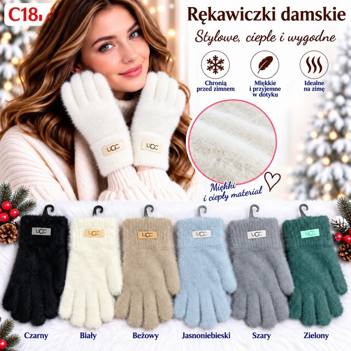 Rękawiczki damskie w sześciu kolorach na białym tle z modelką i zimowym tłem