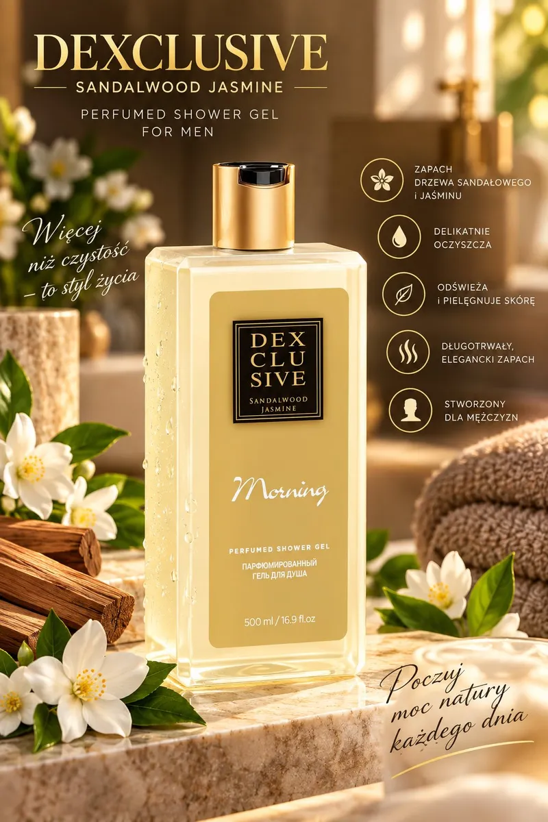 Perfumowany żel pod prysznic DEXCLUSIVE Sandalwood Jasmine w przezroczystej butelce 500 ml z złotą nakrętką