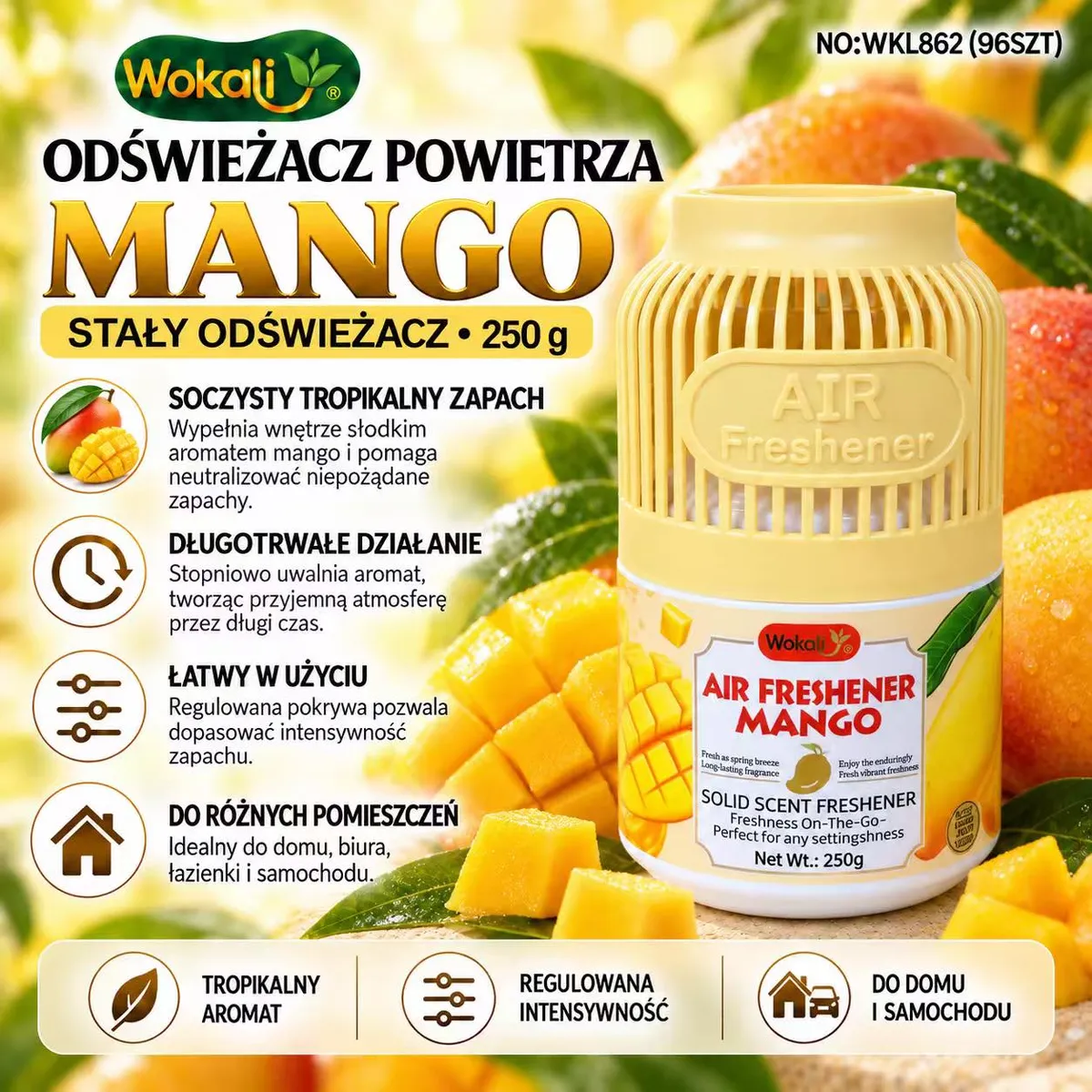 Stały odświeżacz powietrza Wokali Mango 250g w kremowym plastikowym opakowaniu z tropikalnym mango