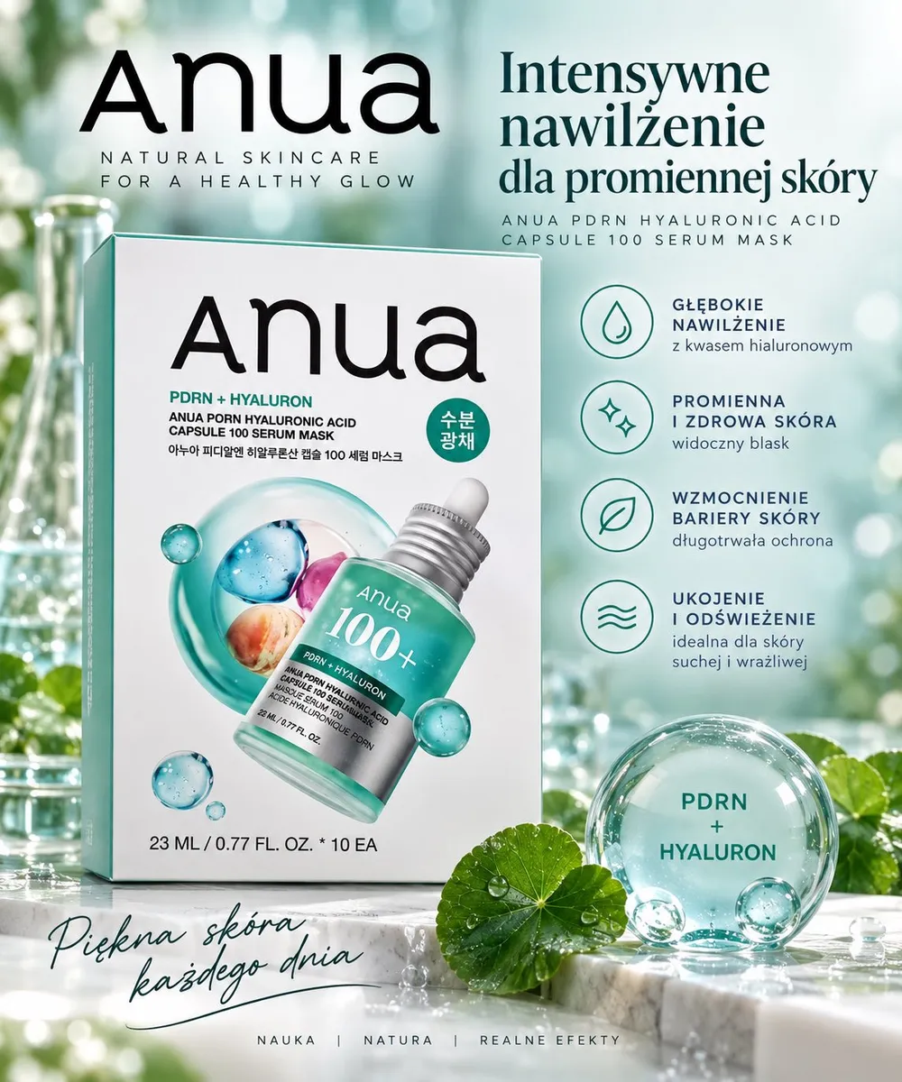 Opakowanie maski serum Anua PDRN + Hyaluron 23 ml z grafiką buteleczki i zielonymi liśćmi