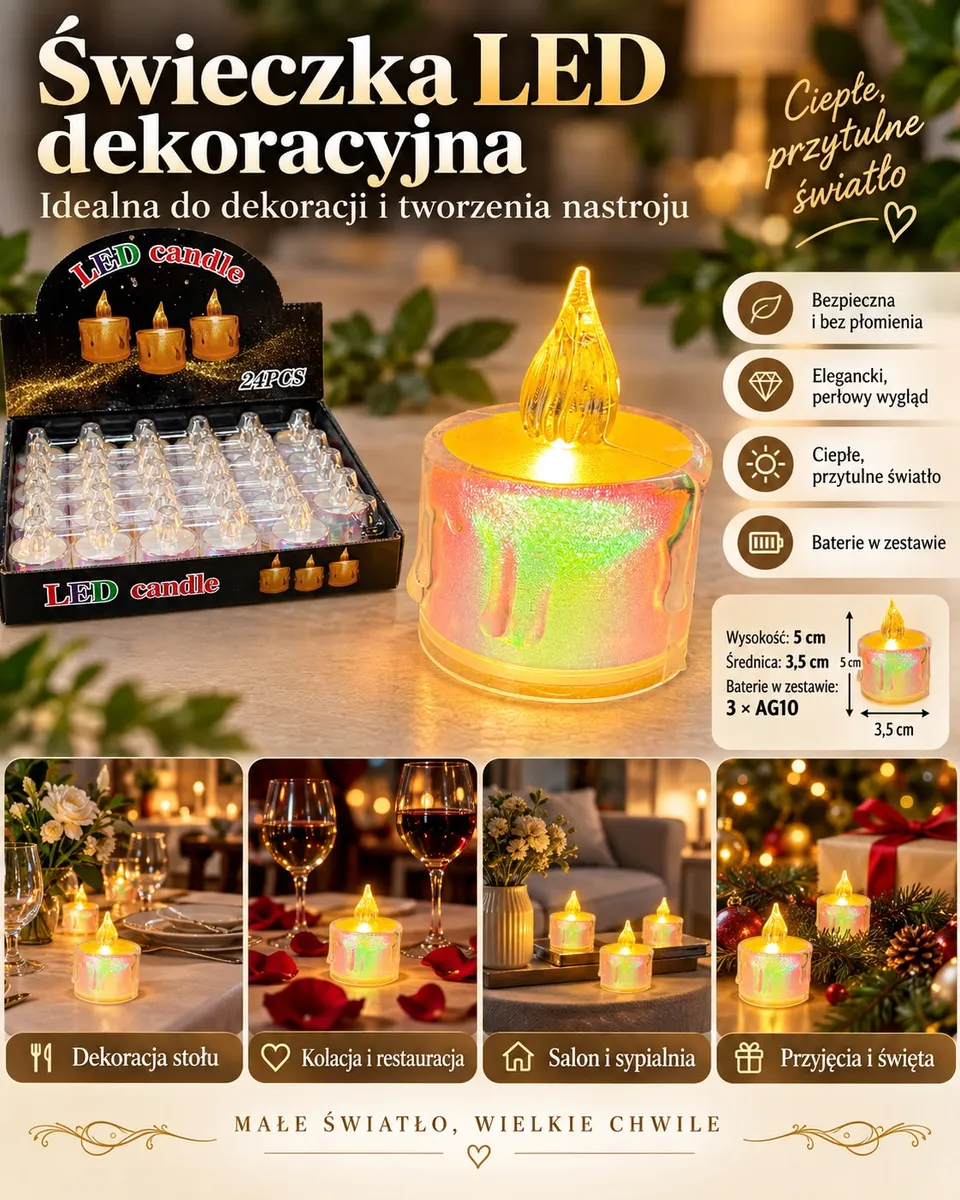 Perłowa świeczka LED dekoracyjna z płomieniem LED, opakowanie 24 sztuki