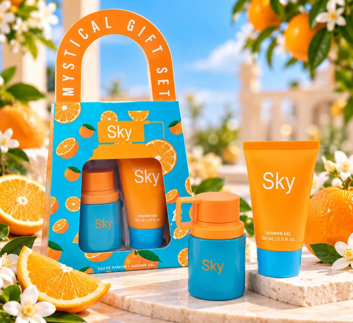 Zestaw prezentowy Sky z niebiesko-pomarańczowymi perfumami i balsamem w opakowaniu z grafiką pomarańczy