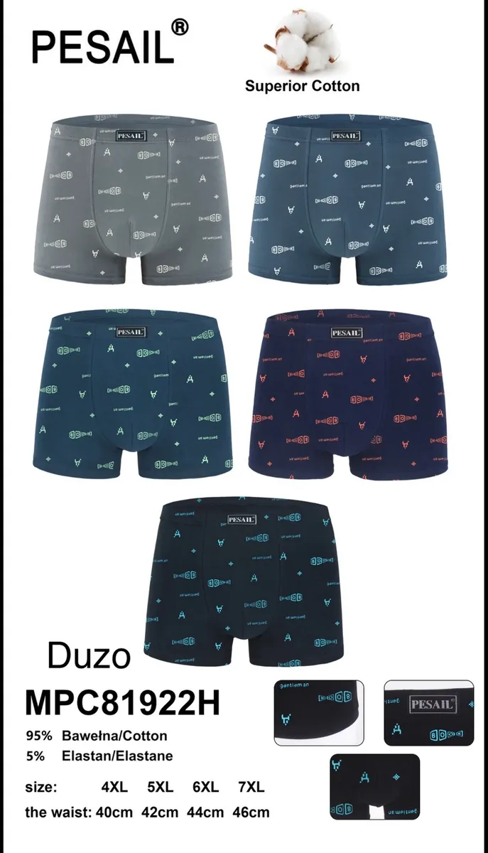 Pięć par męskich bokserek Pesail w różnych kolorach z nadrukiem, rozmiary 4XL-7XL
