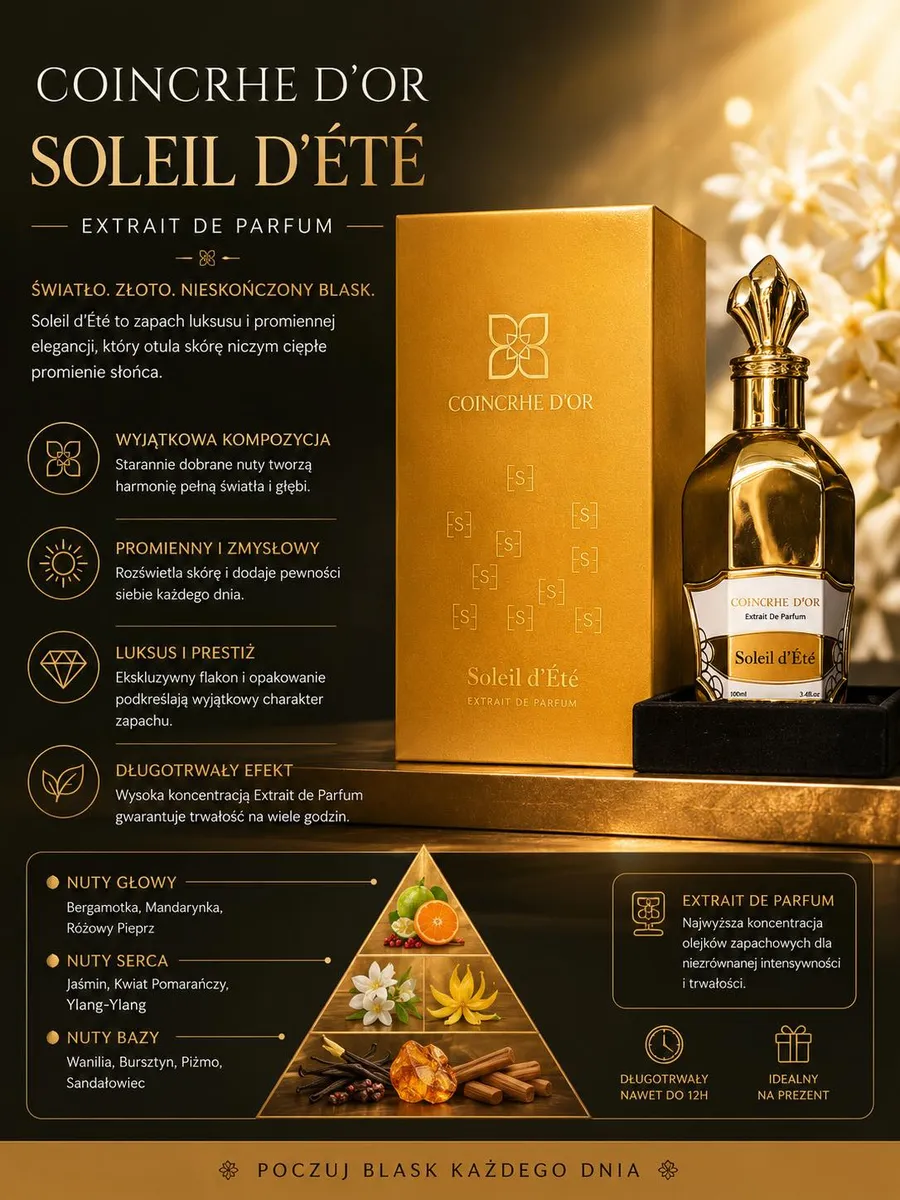 Złoty flakon perfum Soleil d'Été 100ml z eleganckim opakowaniem i opisem nut zapachowych