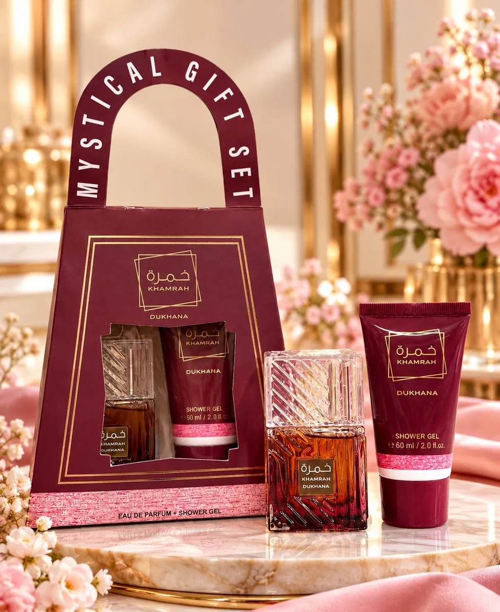 Zestaw prezentowy perfumy i żel pod prysznic w bordowo-różowym opakowaniu z przezroczystym flakonem