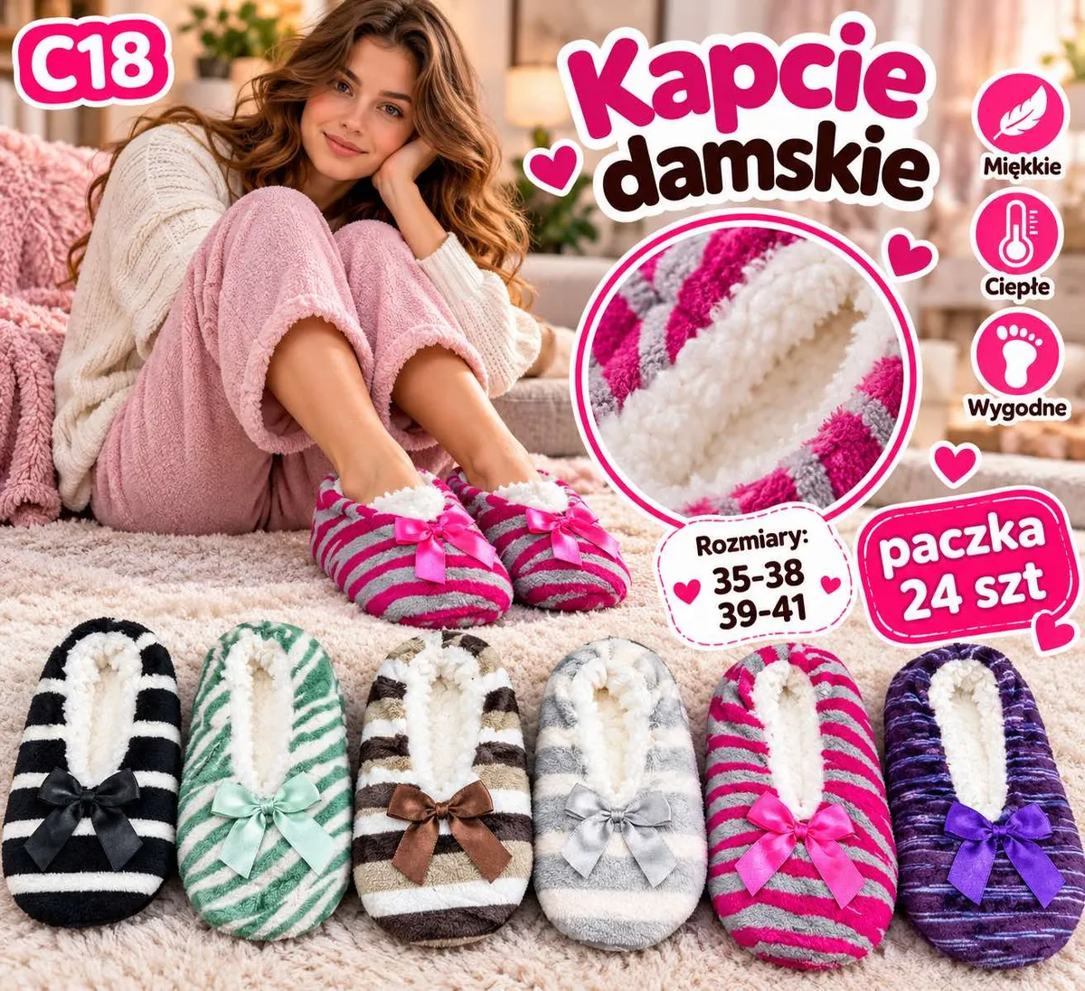 Kapcie damskie w paski z kokardką w różnych kolorach, miękkie i ciepłe, na kobiecych stopach