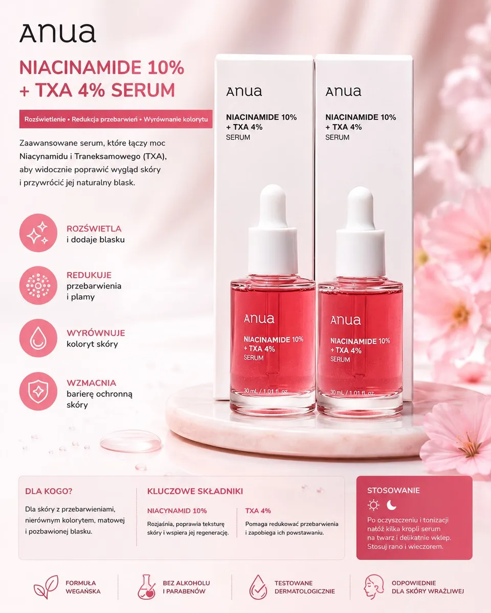 Butelki serum anua z pipetą, różowy płyn, opakowania kartonowe, kwiaty w tle