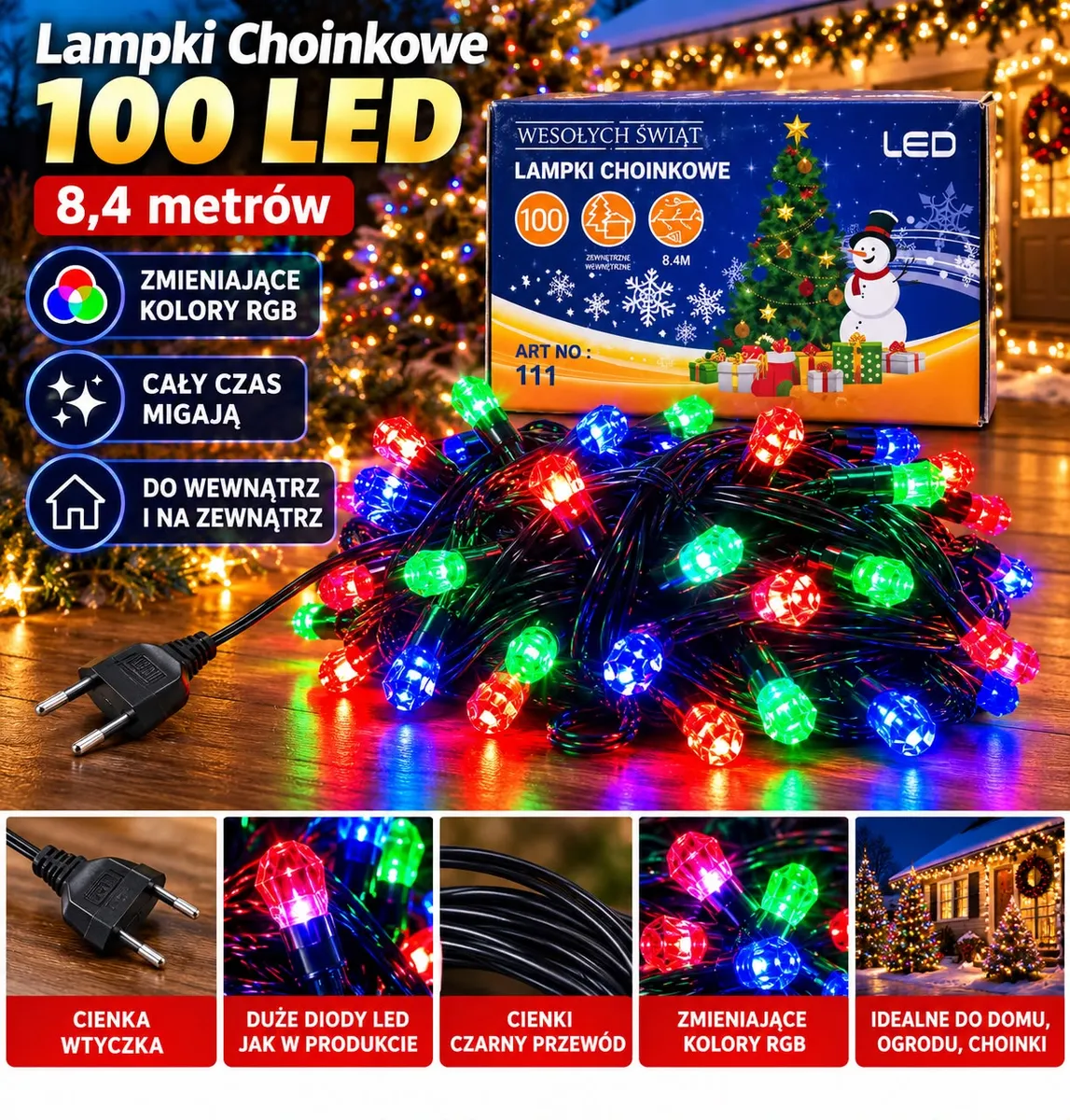 Lampki choinkowe 100 LED w kolorach czerwonym, zielonym i niebieskim z cienkim czarnym przewodem i wtyczką