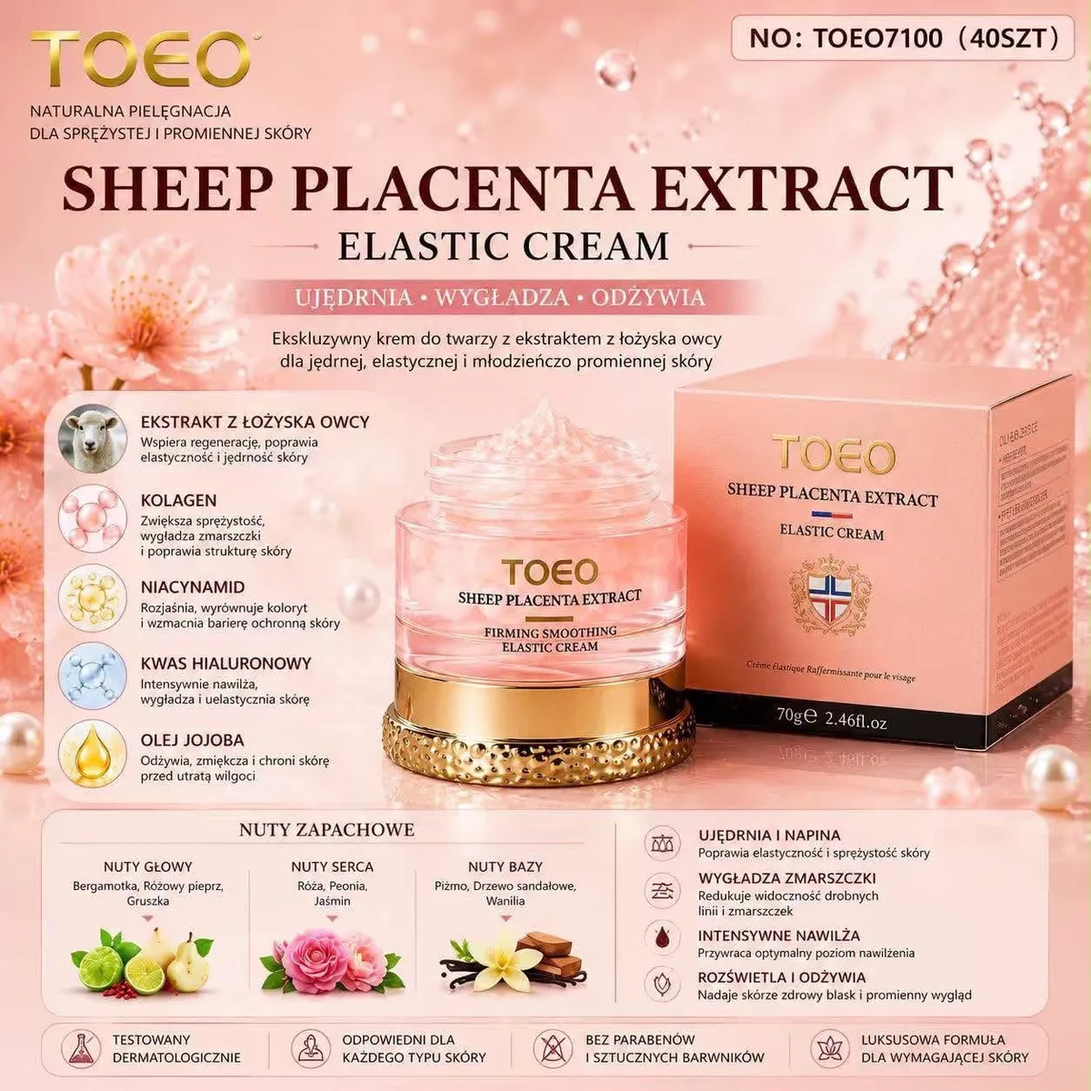 różowo-złote opakowanie kremu TOEO Sheep Placenta Extract Elastic Cream 70g z ekstraktem z łożyska owcy