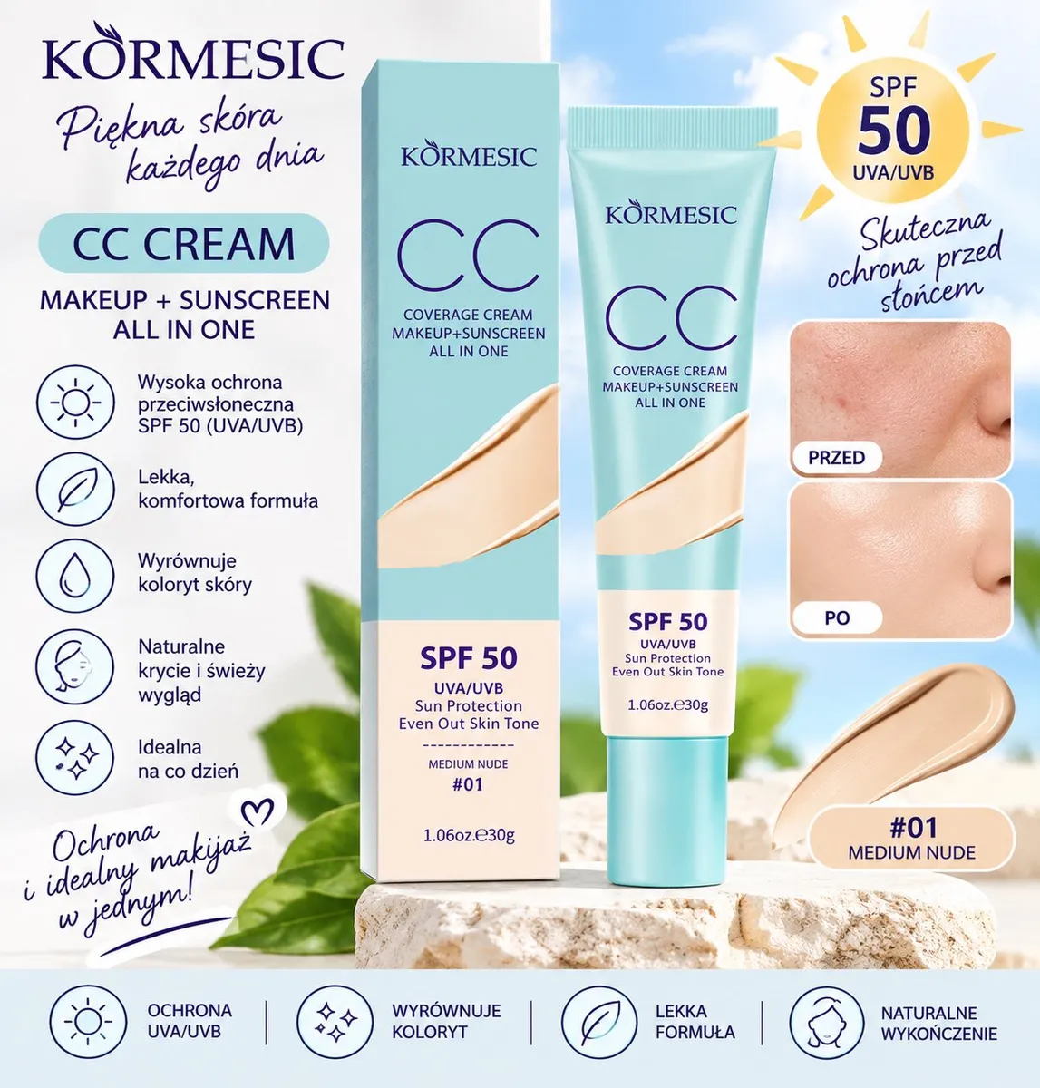 Krem CC KORMESIC SPF 50 w pastelowo miętowej tubce i opakowaniu, odcień Medium Nude 30 g