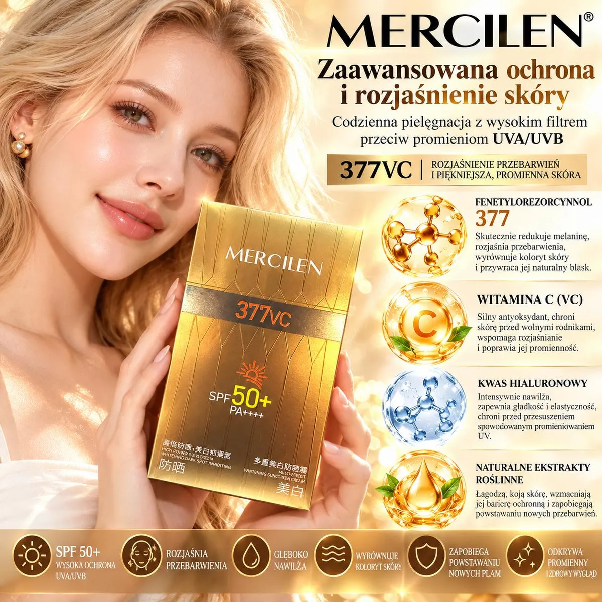 Kobieta trzyma złote opakowanie kremu Mercilen 377VC SPF 50+ do ochrony i rozjaśniania skóry