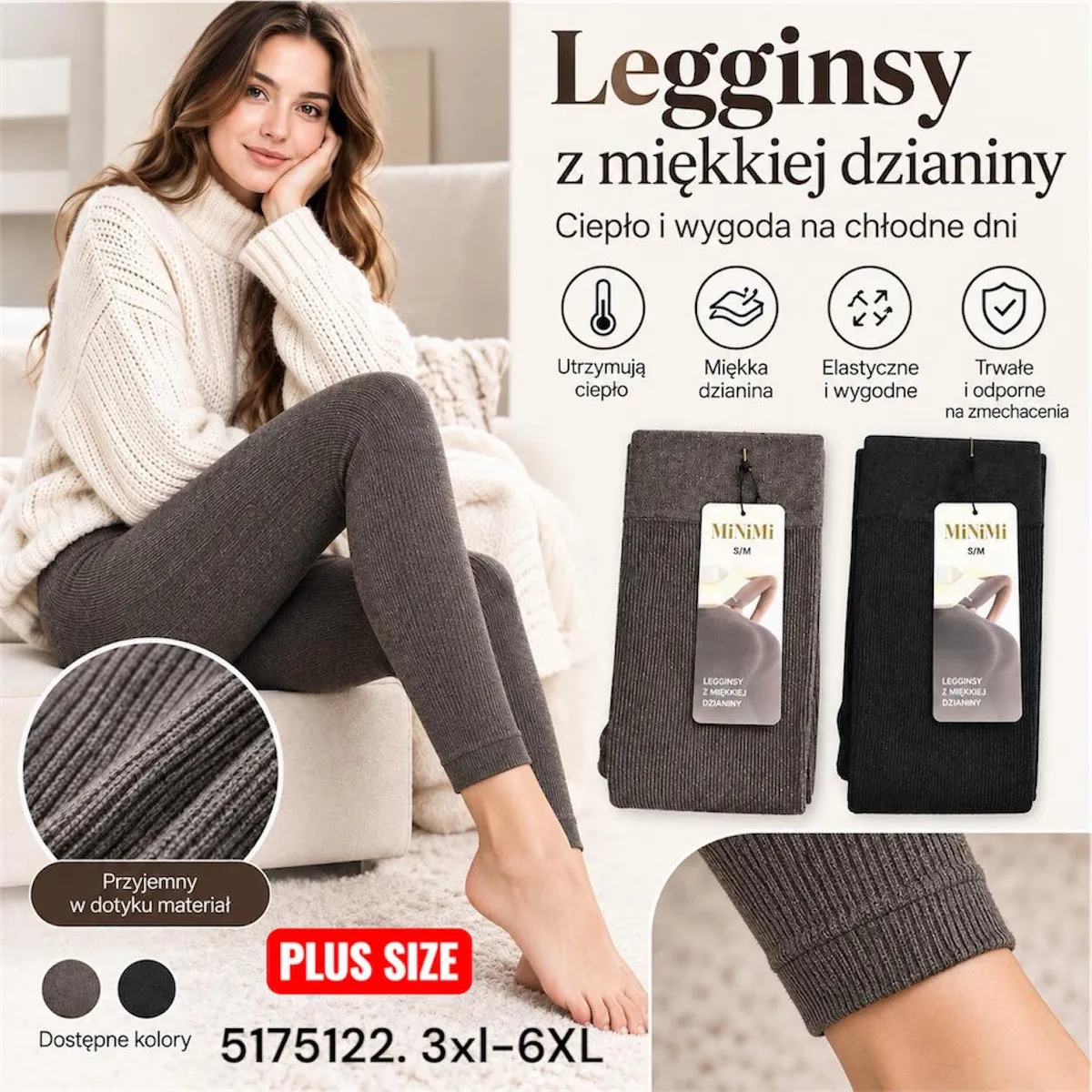 Legginsy damskie prążkowane w kolorze szarym i czarnym, plus size 3XL-6XL, miękka dzianina