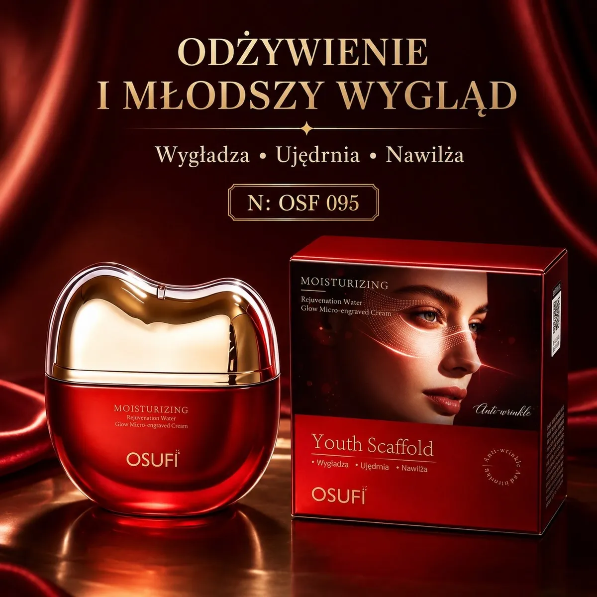 Czerwony krem do twarzy OSUFI Youth Scaffold z metalicznym złotym wieczkiem i opakowaniem z wizerunkiem kobiety