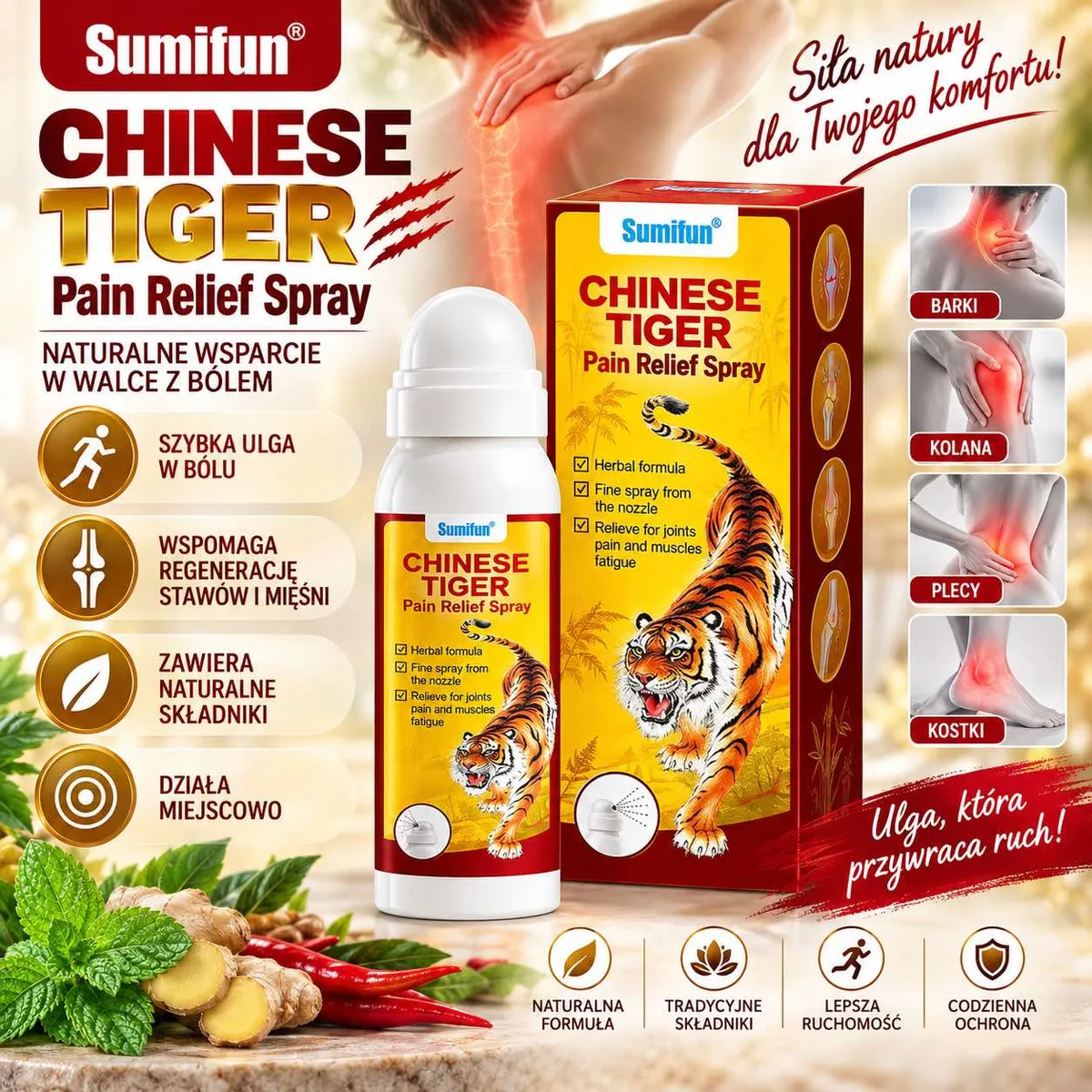 Spray przeciwbólowy Chinese Tiger w żółto-czerwonym opakowaniu z grafiką tygrysa i naturalnymi składnikami