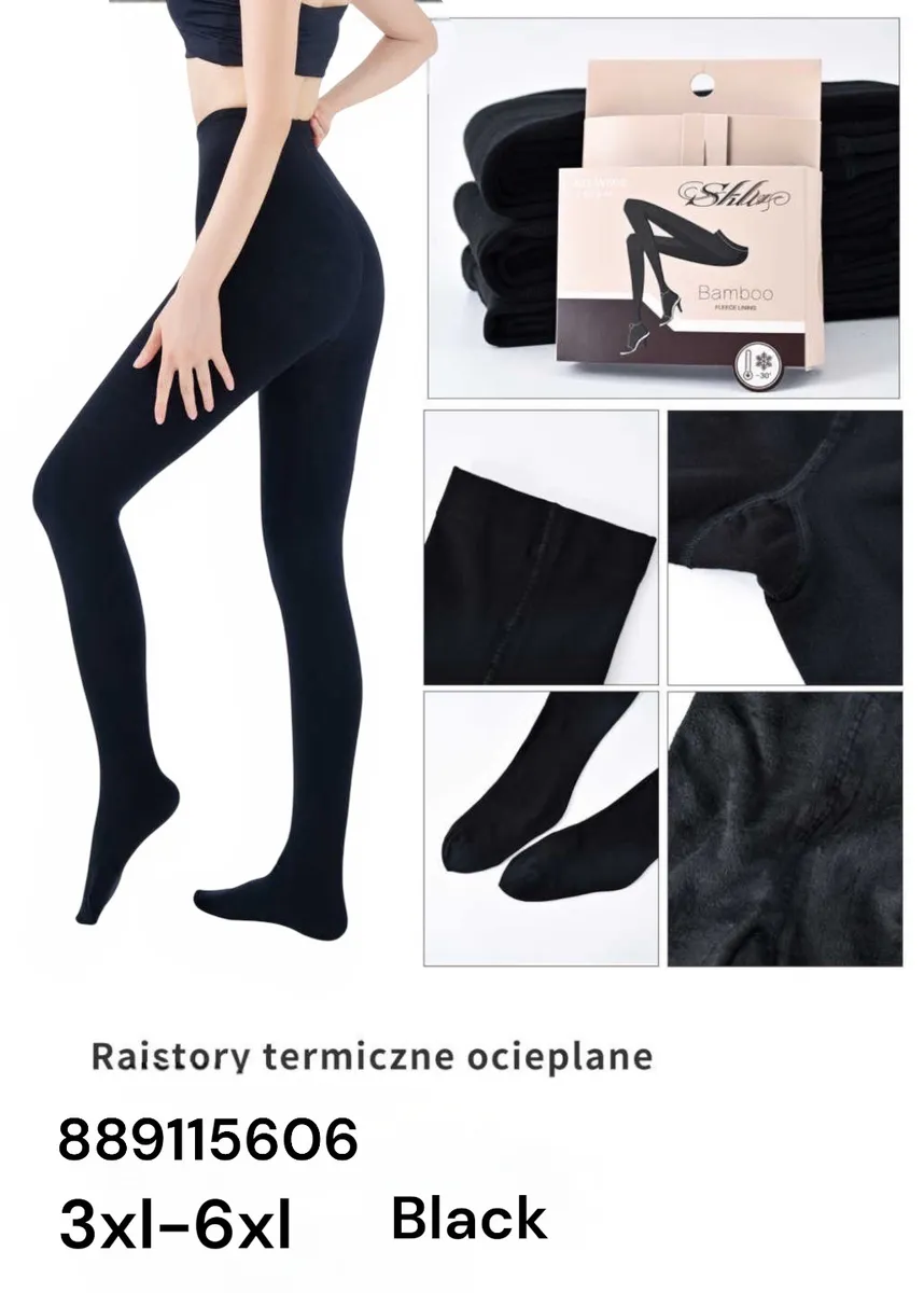 Czarne rajstopy termiczne ocieplane Bamboo w rozmiarze 3XL-6XL na modelce i detale produktu