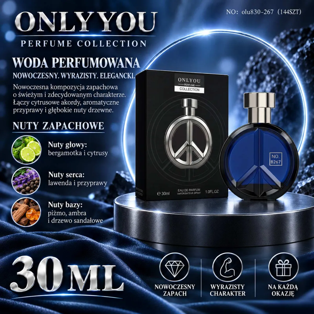 Butelka perfum Only You w kolorze granatowym z metalicznym połyskiem i czarne opakowanie z logo