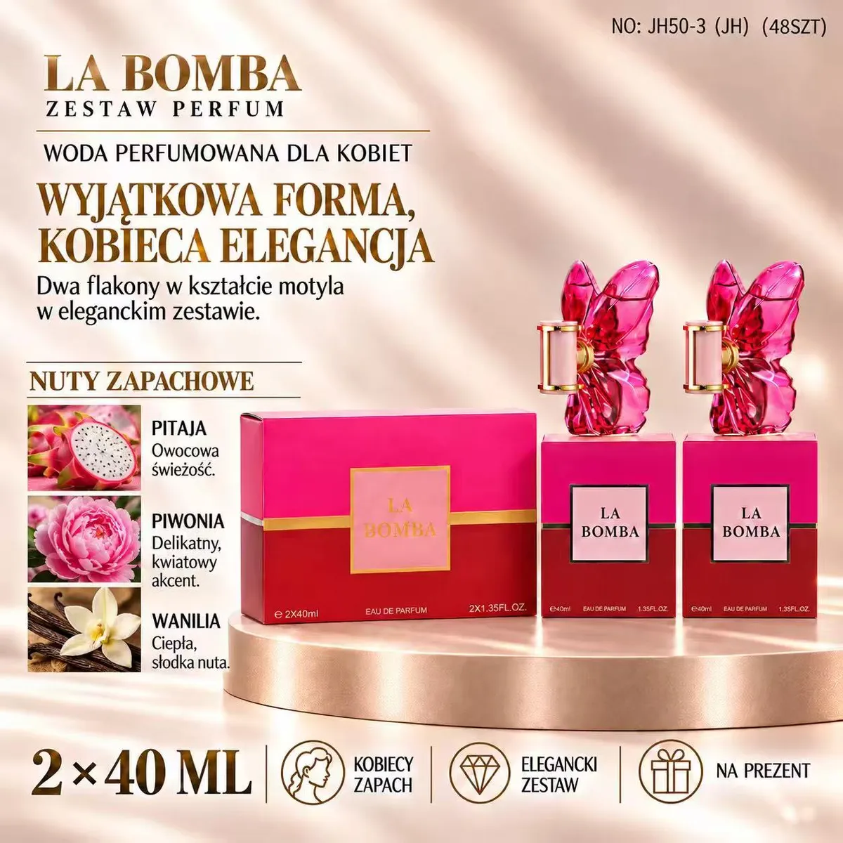Zestaw perfum damskich La Bomba z dwoma różowo-czerwonymi flakonami w kształcie motyla i pudełkiem