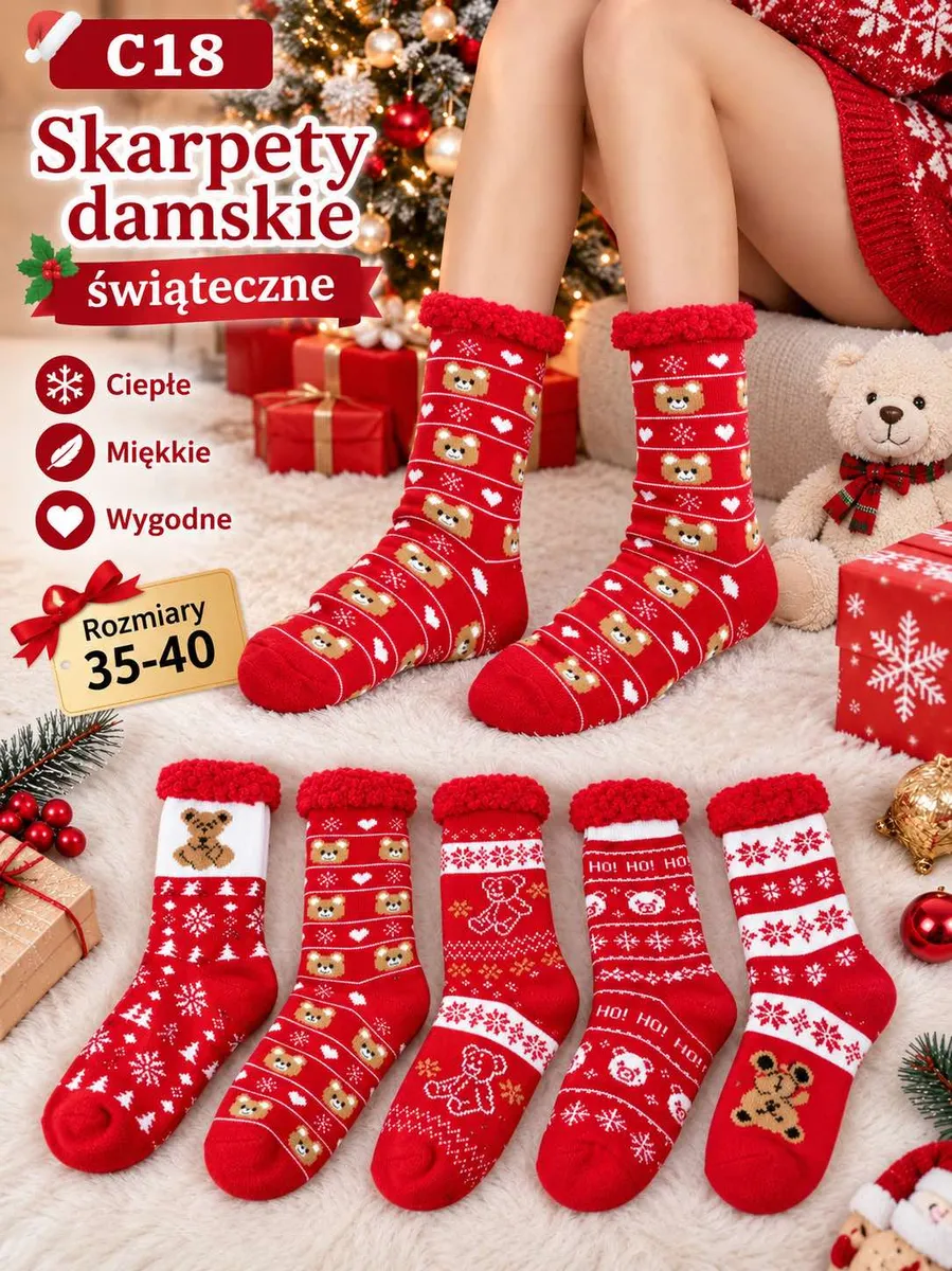 Czerwone skarpety damskie świąteczne z motywem misiów i śnieżynek, rozmiar 35-40