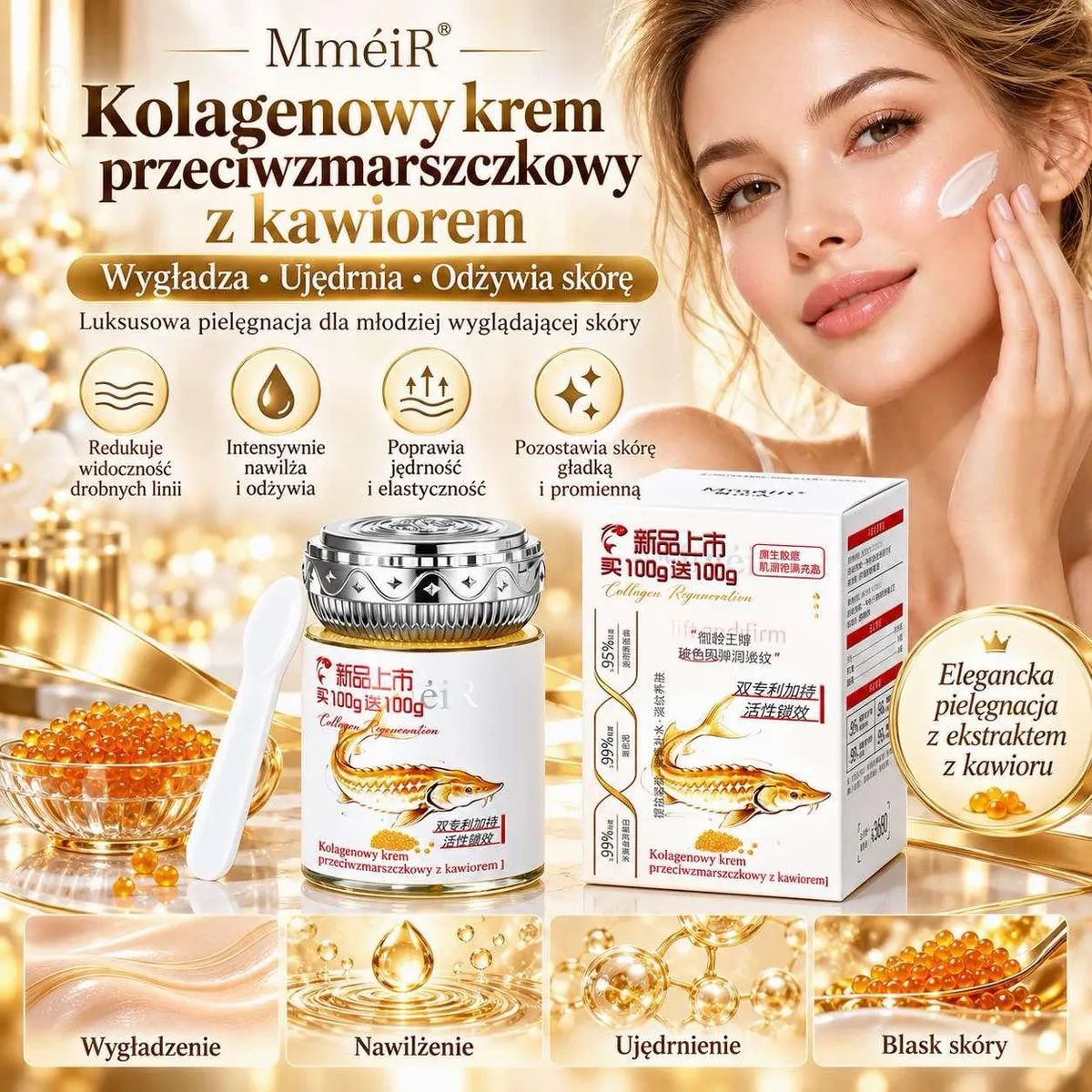 Słoik kremu MméiR z metalicznym srebrnym wieczkiem i opakowanie z opisem działania kremu z kawiorowym ekstraktem