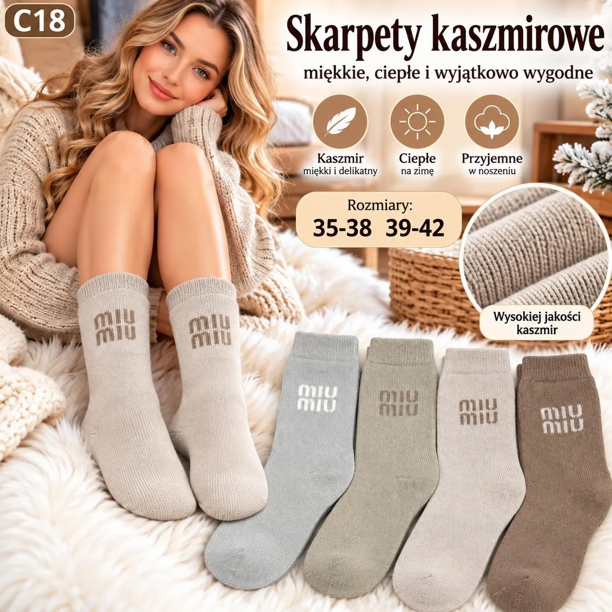 Kobieta w beżowych skarpetach kaszmirowych, obok cztery pary w szarym, oliwkowym, beżowym i brązowym kolorze