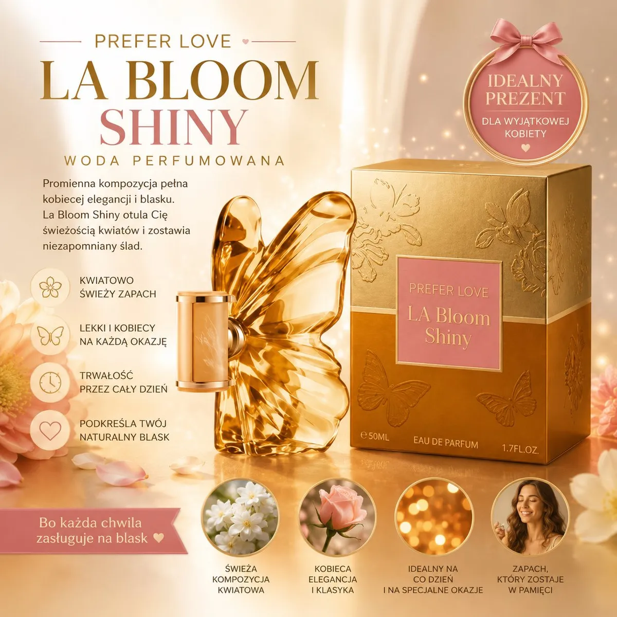 Złoto-bursztynowy flakon w kształcie motyla i złote kartonowe opakowanie perfum La Bloom Shiny 50ml