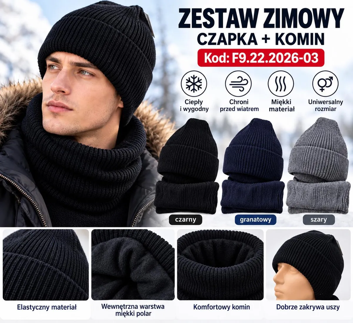 Mężczyzna w czarnym zimowym zestawie czapka i komin, trzy kolory zestawu na białym tle