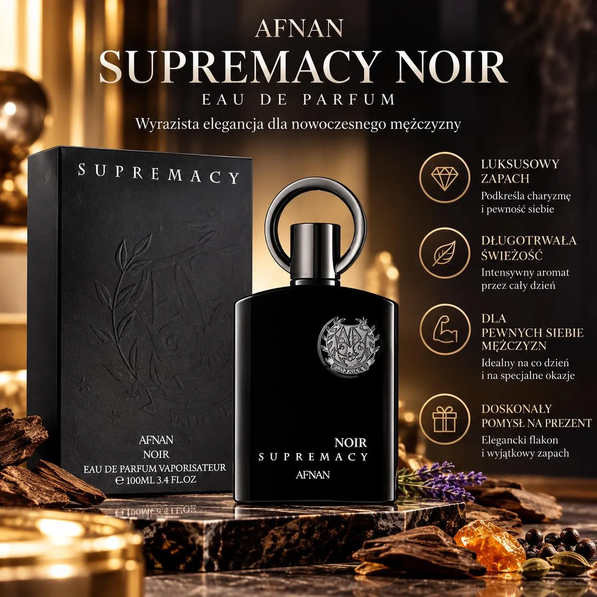 czarny flakon perfum Supremacy Noir 100ml z czarnym kartonem i złotymi napisami
