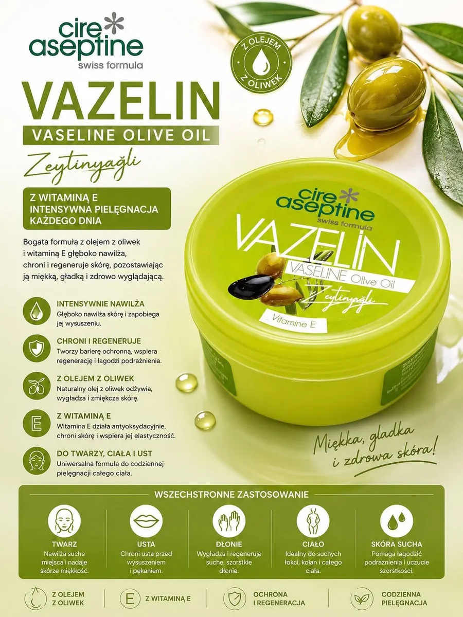 zielone opakowanie wazeliny z olejem z oliwek i witaminą E z grafiką oliwek