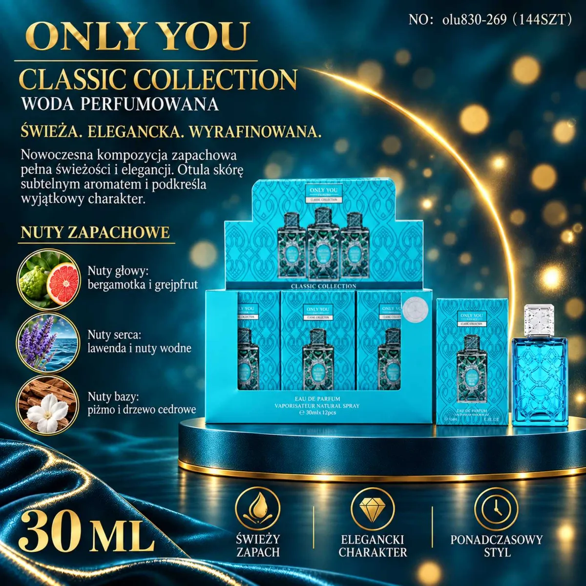 Niebieskie opakowanie i butelka wody perfumowanej Only You Classic Collection 30 ml z opisem nut zapachowych