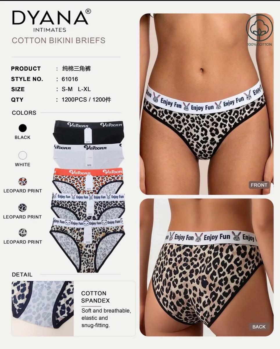Majtki bikini w panterkę z białą gumką Enjoy Fun na modelce, widok z przodu i tyłu