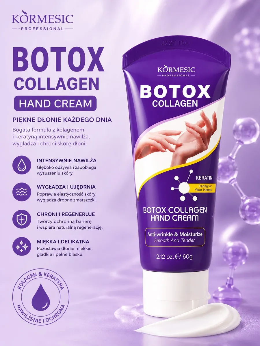 Fioletowa tubka kremu do rąk KORMESIC Botox Collagen 60 g z białą zakrętką i kremową konsystencją na tle fioletowym