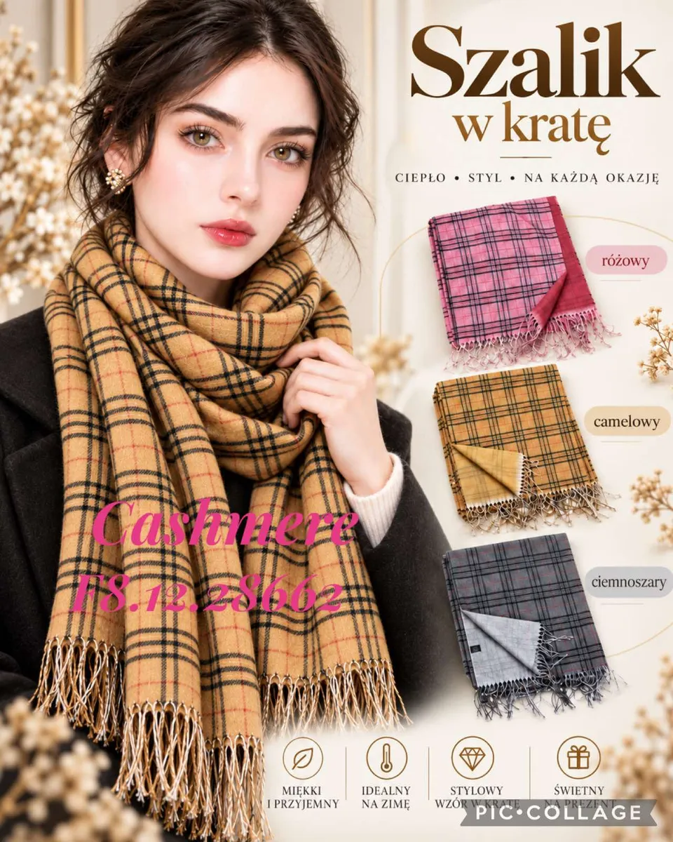 Modelka w camelowym szaliku w kratę z frędzlami, obok trzy szaliki w kolorach różowym, camelowym i ciemnoszarym