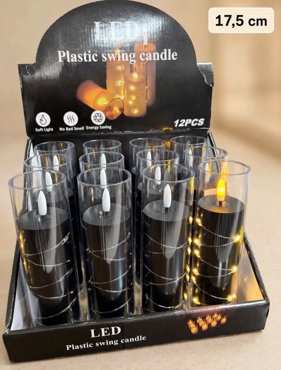 Zestaw 12 czarnych świec LED z drucikiem świetlnym w plastikowych osłonkach 17,5 cm wysokości
