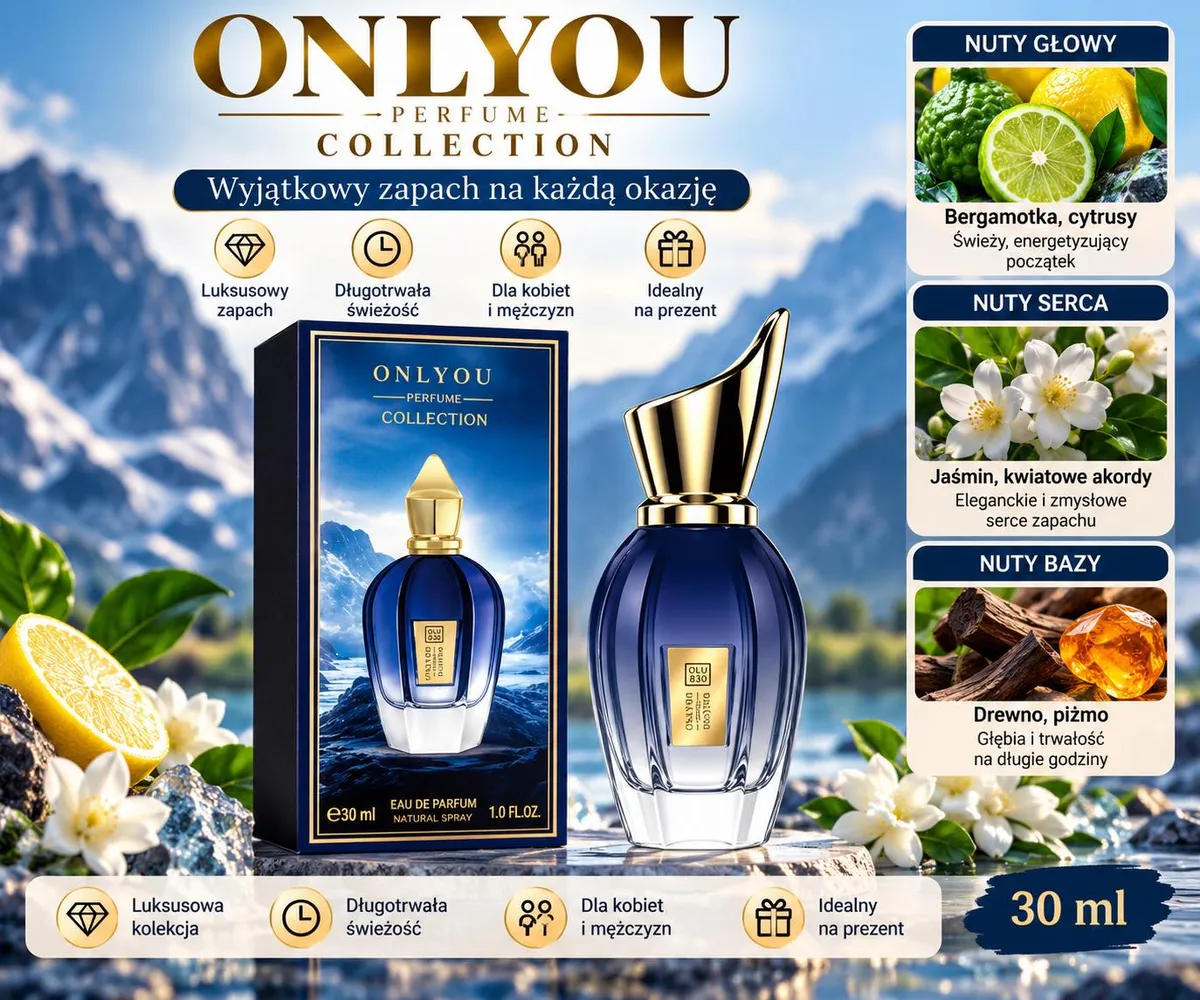 Butelka perfum granatowa ze złotym korkiem i opakowanie z górskim krajobrazem oraz opis nut zapachowych
