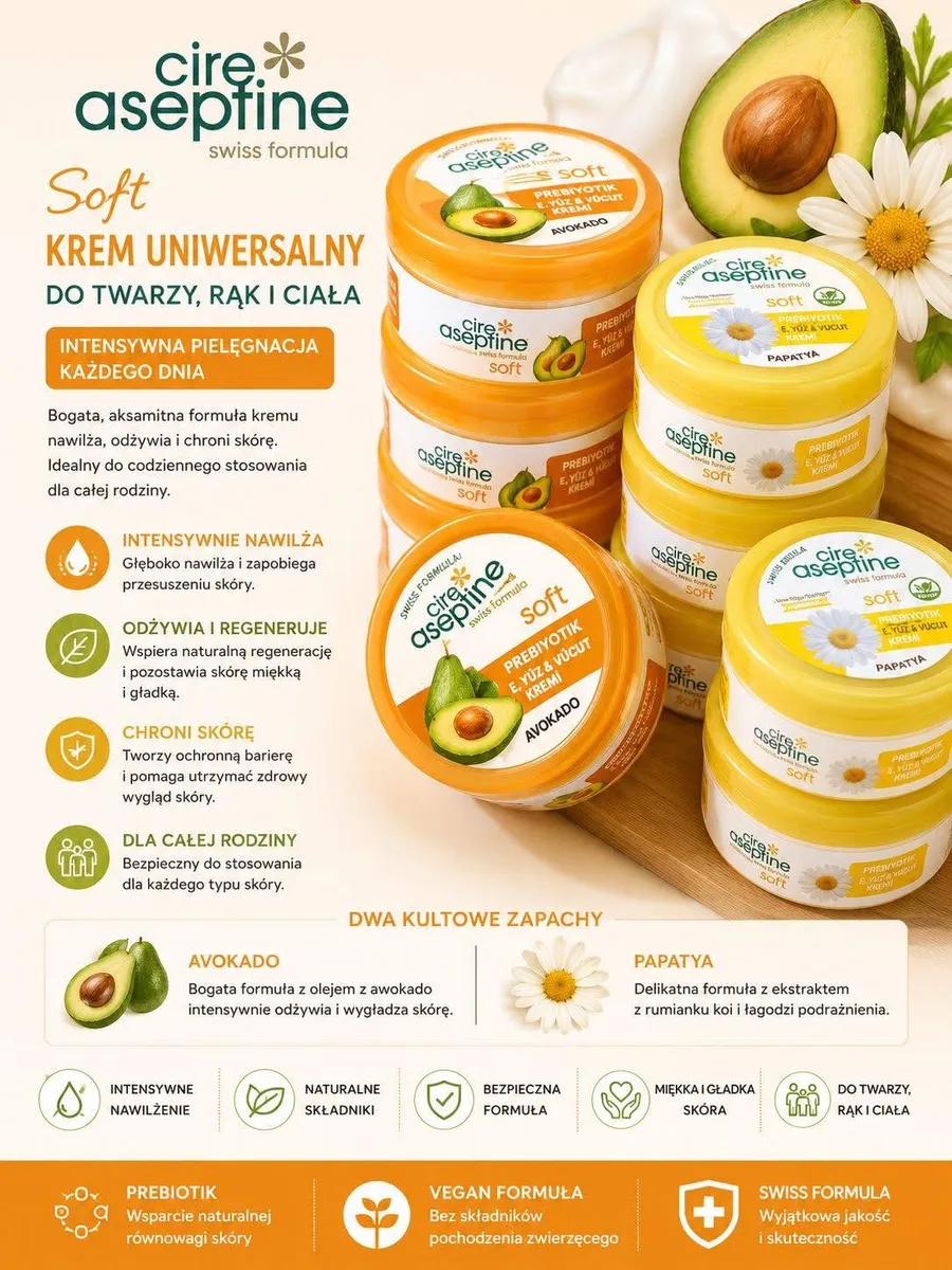Krem Cire Aseptine Soft w słoikach pomarańczowych i żółtych z awokado i kwiatem rumianku