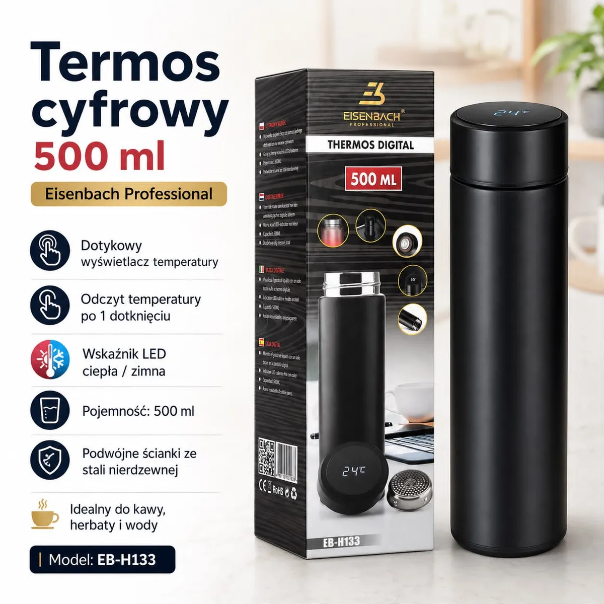 Czarny termos cyfrowy 500 ml z wyświetlaczem temperatury na pokrywce i opakowaniem