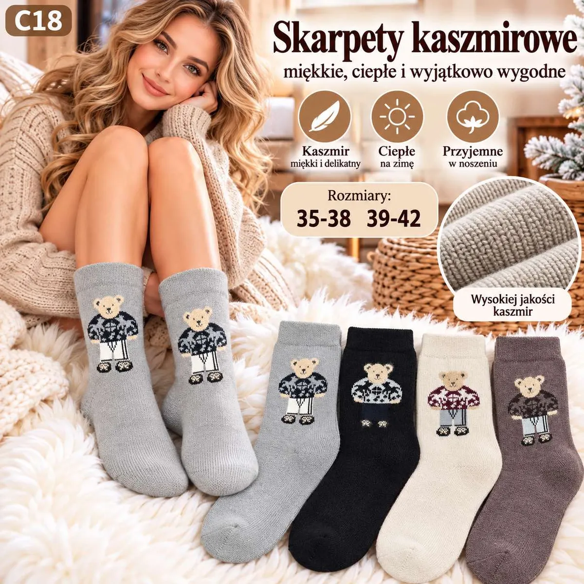 Damskie skarpety kaszmirowe w kolorach szarym, czarnym, beżowym i brązowym z wzorem misia